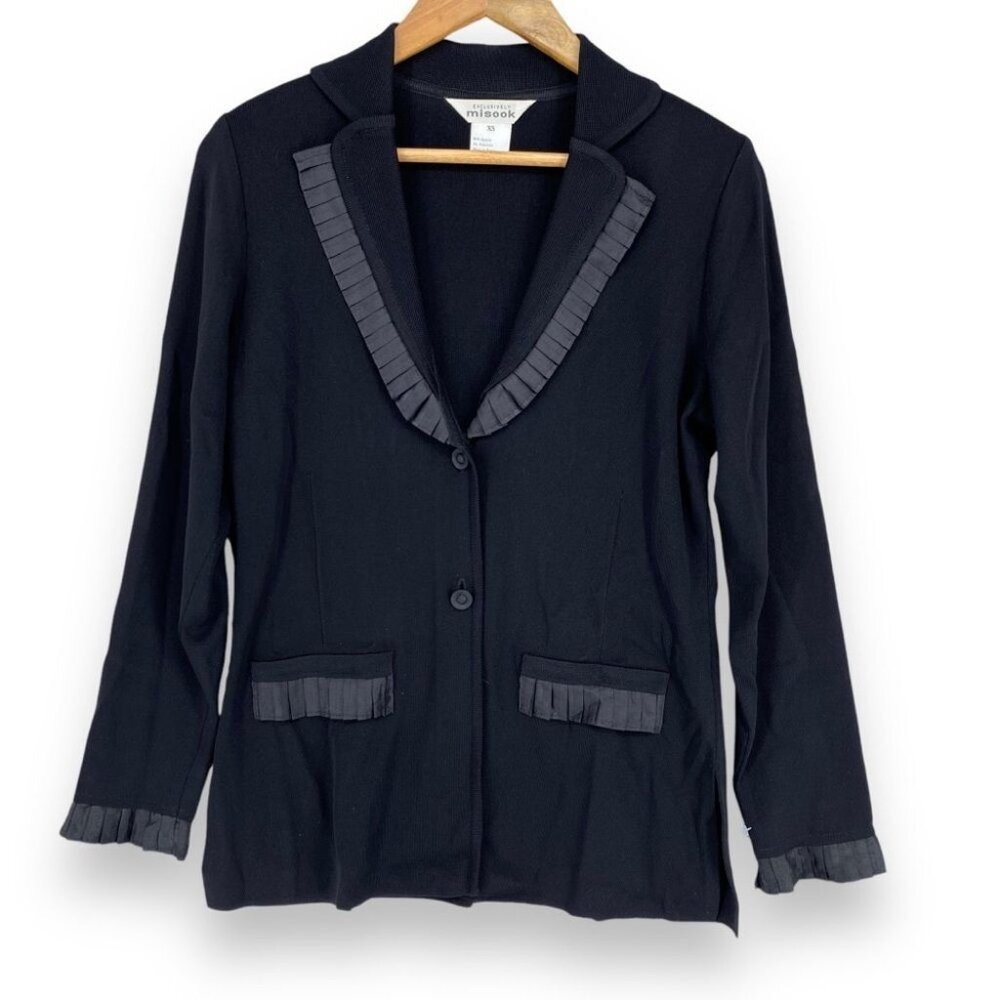 Misook Pleated Trim Knit Blazer XS Black‎ Long Sleeve Ruffle Accent